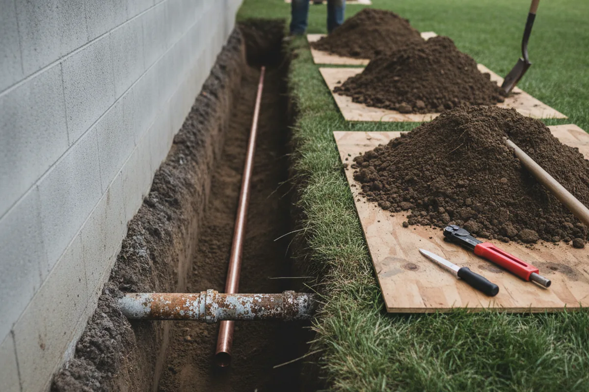 Excavated water line trench during Water Heater Repair in Plymouth